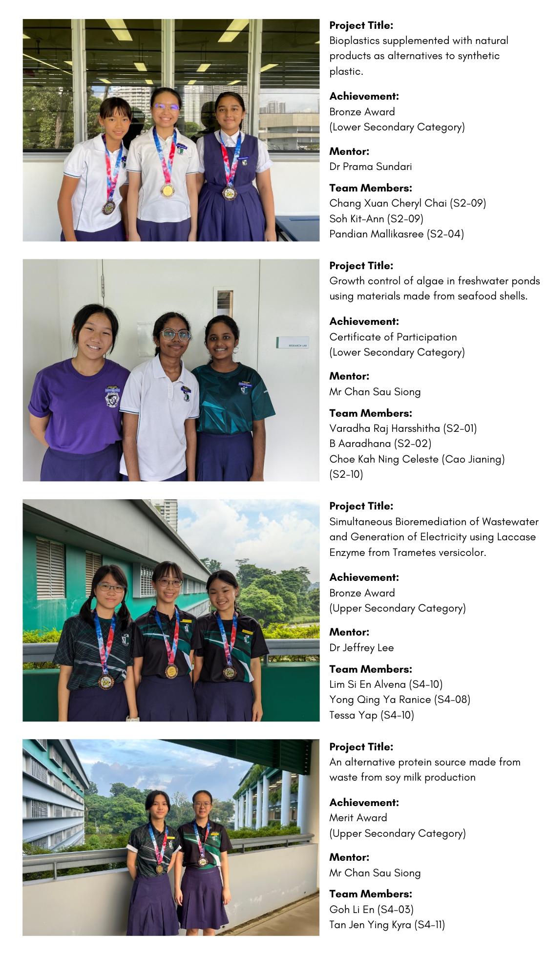 Four groups of uniformed students wearing medals, each paired with science project titles and award details.